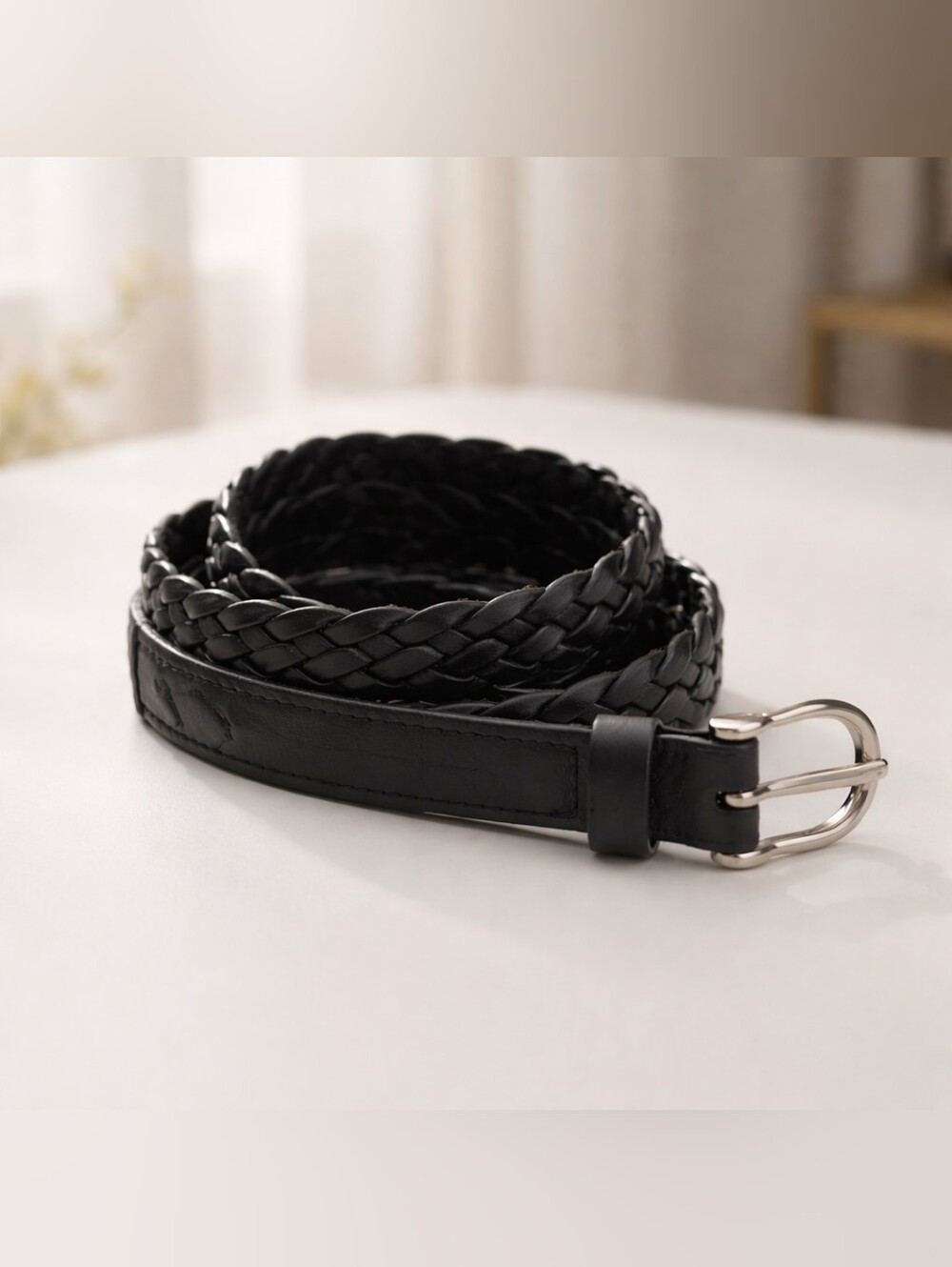 Brave  Black Braided Leather Belt with Silver Buckle